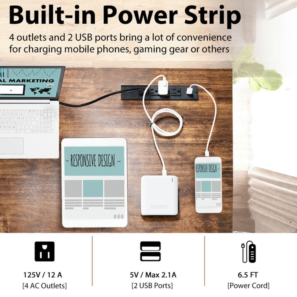 Demi Bonn 55" Computer Desk with Power Outlets and USB Ports for Home and Office Study Writing Table, Brown