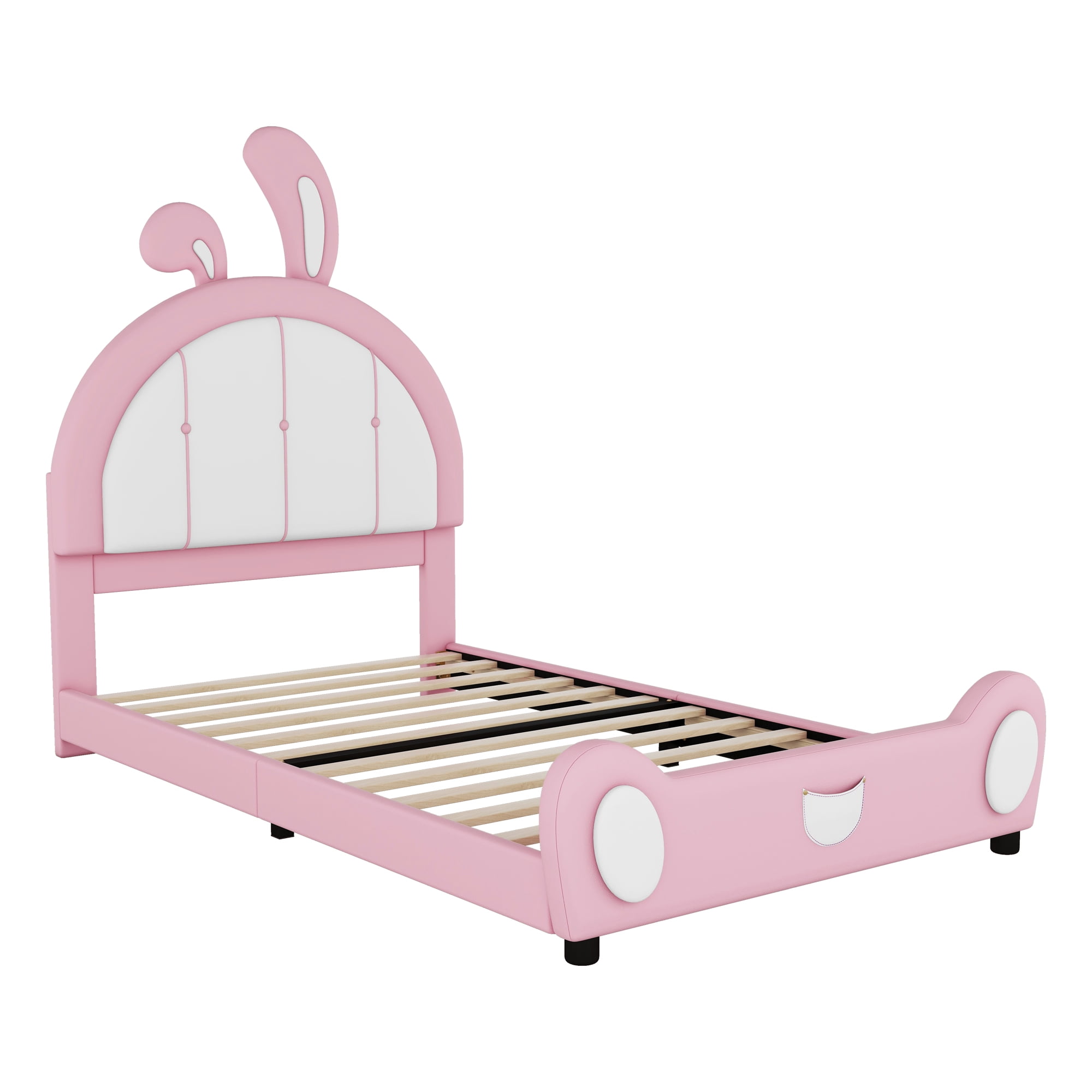 EUROCO Upholstered Twin Platform Bed, Cartoon Bunny Bed for Toddler Kids Teens, No Box Spring Needed, Pink