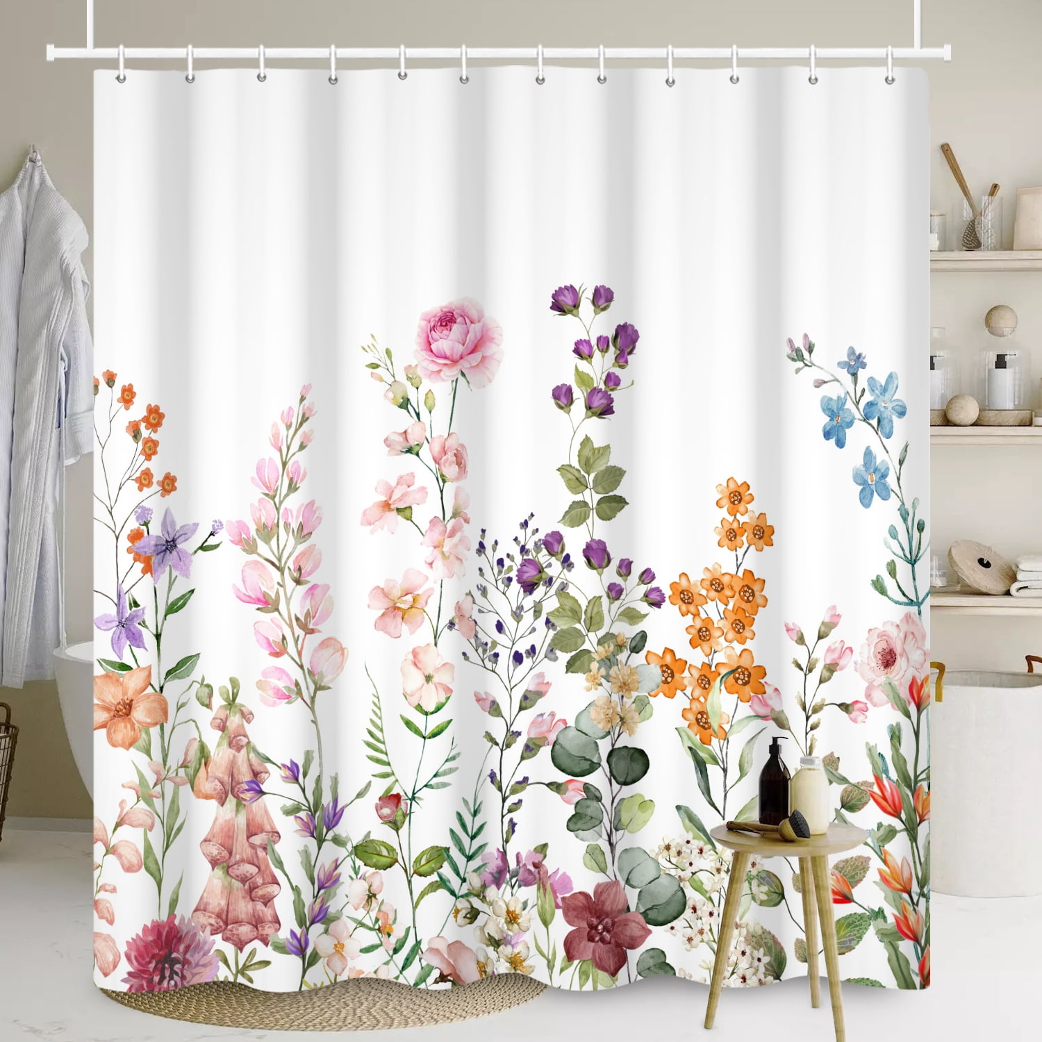 SUNOLIFE Floral Plants Shower Curtain,Spring Botanical Flowers Waterproof Fabric Bathroom Curtain with Hooks,72x78 in