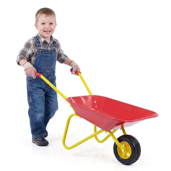Costway Kids Wheelbarrow, Children’s Garden Cart with All-Terrain Wheels Indoor Outdoor Red & Yellow