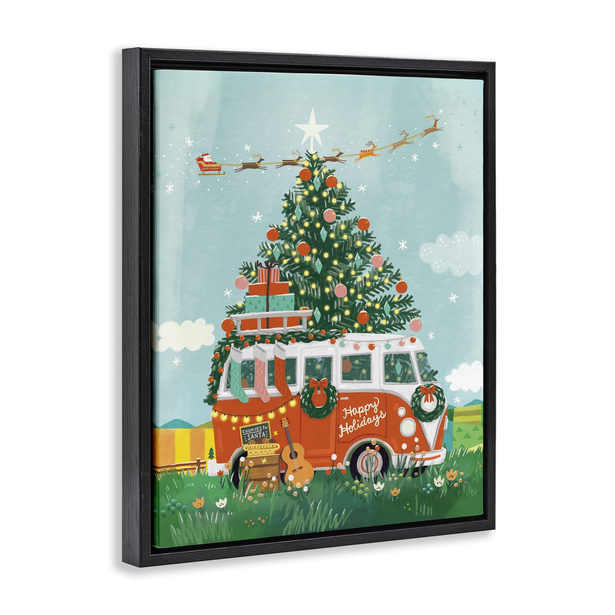 Stupell Industries Christmas Van Hangout Holiday Painting Black Floater Framed Canvas Art Prints Wall Art, 17 x 21