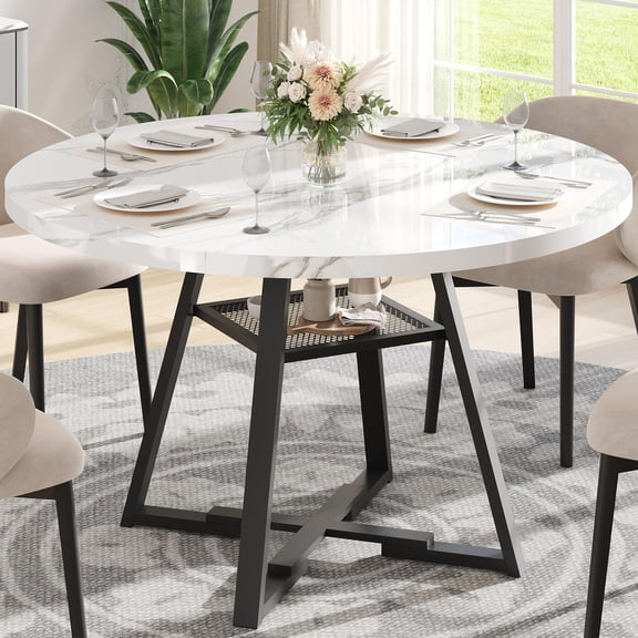 UHOMEPRO Round Kitchen Table for 4, Faux Marble Dining Table with Storage Shelf, Modern High Glossy Dining Room Table with Sturdy Cross-Shaped Base Support (Only Table), White