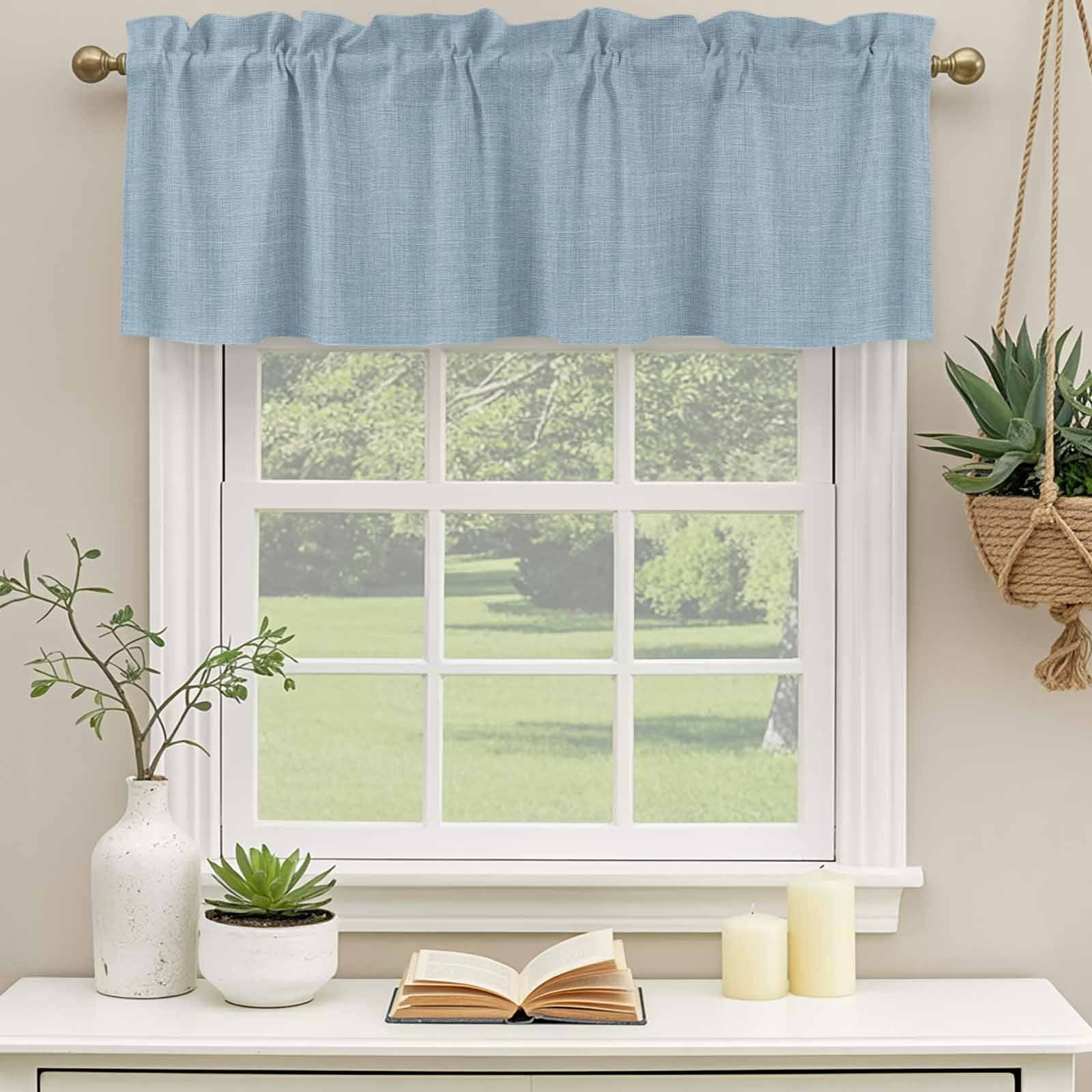 2 Pack Valances for Windows, Vintage Sky Blue Window Valances for Living Room/Bedroom/Bathroom, Farmhouse Retro Solid Color Linen Texture Light Filtering Kitchen Curtain Valance 42"W x18" L