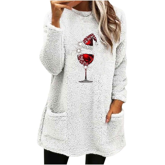 Pisexur Chandails de Noël pour Femmes en Molleton Doux à Manches Longues Col Rond Chandail Imprimé Verre de Vin Rouge de Noël chandail d'Hiver Chaud Épaissi avec Poches