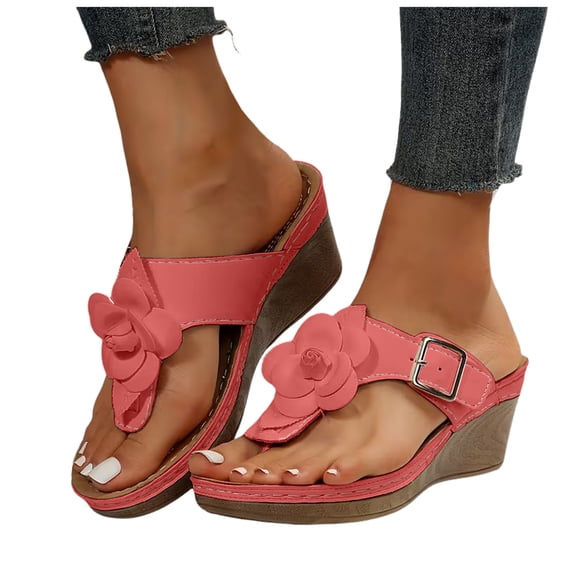 Wedge Sandals for Women Retro Flower Platform Flip Flops Buckle Strap Slip on Slides Summer Heels Beach Shoes Orthopedic Slippers Red Size 7.5