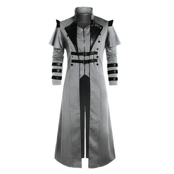 Alkepwun Coats for Men Medieval Costumes Steampunk Long Trench Coat Gothic Victorian Vintage Tailcoat Jacket Mens Double Breasted Zipper Coat Hoodless Casual Renaissance Stage Performance Jacket