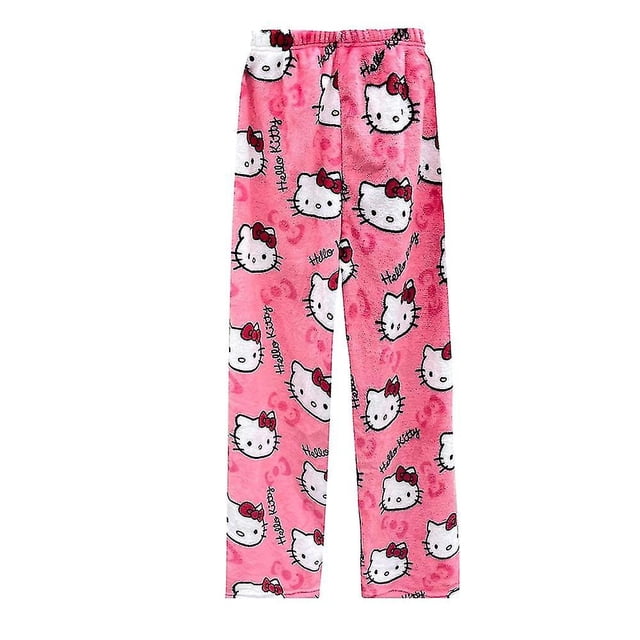 Pantalones de pijama de lana Kawaii Hello Kitty para mujeres y niñas, estampado navideño de gato y gatito de dibujos animados S