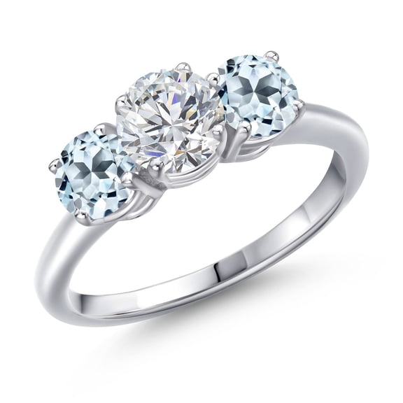 Gem Stone King 925 Sterling Silver Lab Grown Diamond and Sky Blue Topaz 3-Stone Engagement Ring for Women | 2.14 Cttw | Round 6MM | Gemstone Birthstone | Wedding Anniversary Promise Ring | Size 9