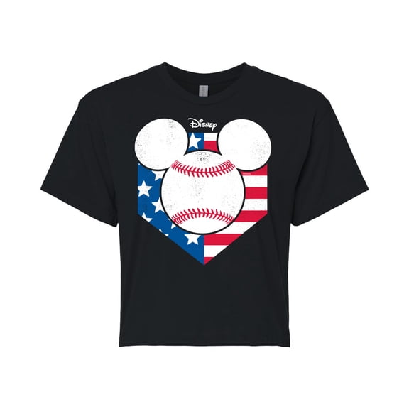 Disney - Americana - Mickey Baseball Flag Diamond - Juniors Cropped Cotton Blend T-Shirt