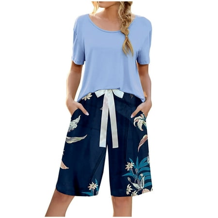 

REORIAFEE Womens 2 Piece Outfits Casual Sweatsuits Summer Crewneck Solid Color Short Sleeve Print Bow-knot Suit Casual Top Shorts Set Tracksuit Pajamas Light Blue XXL