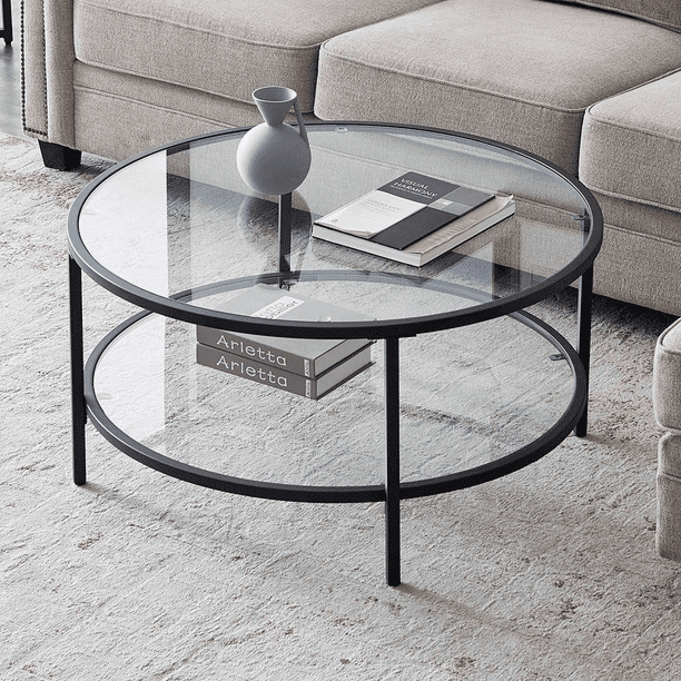 Uhomepro Round Glass Coffee Table, Round Glass Iron Coffee Table