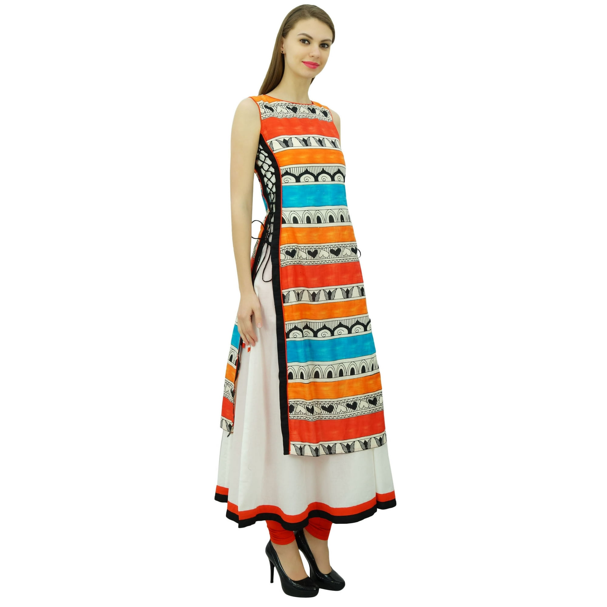 Phagun Women Cotton Double Layer Kurti Printed Designer Long Dress Indian Kurta Walmart