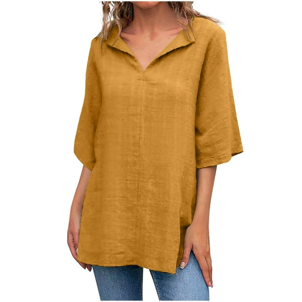 Camisas sueltas de algodón y lino de manga corta con cuello en V para mujer, blusas de verano OAVQHLG3B Store lin121212