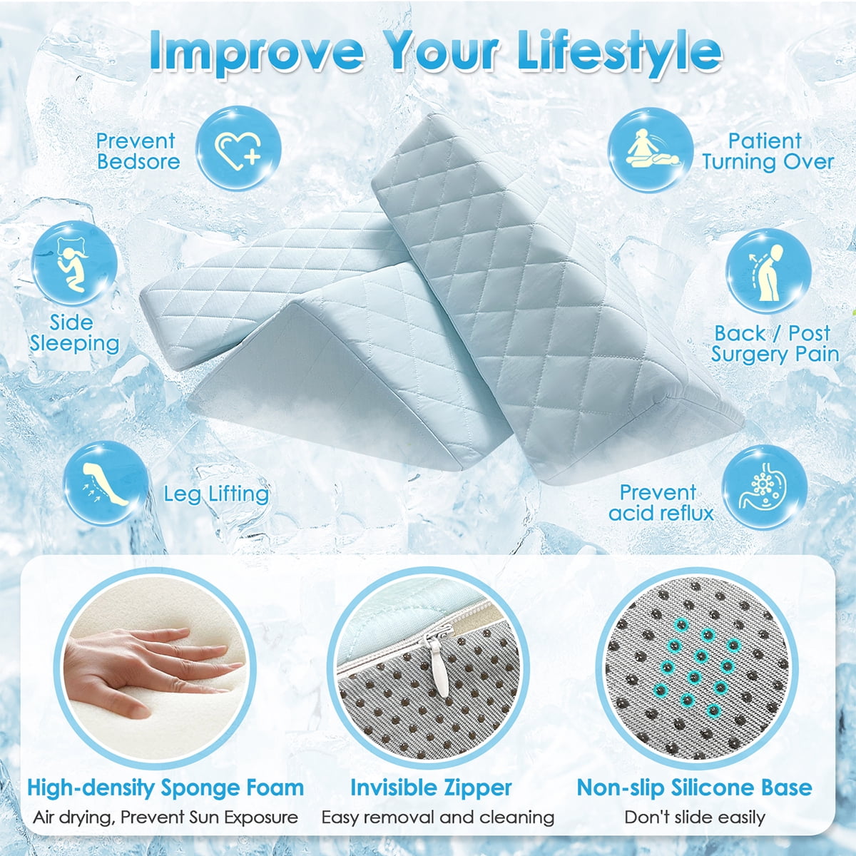 Wedge Pillow Body Position Wedges Back Positioning Elevation Pillow Case Pregnancy Bedroom Eevated Body Alignment Ankle Support Pillow Leg Bolster (3-in-1 Cooling)