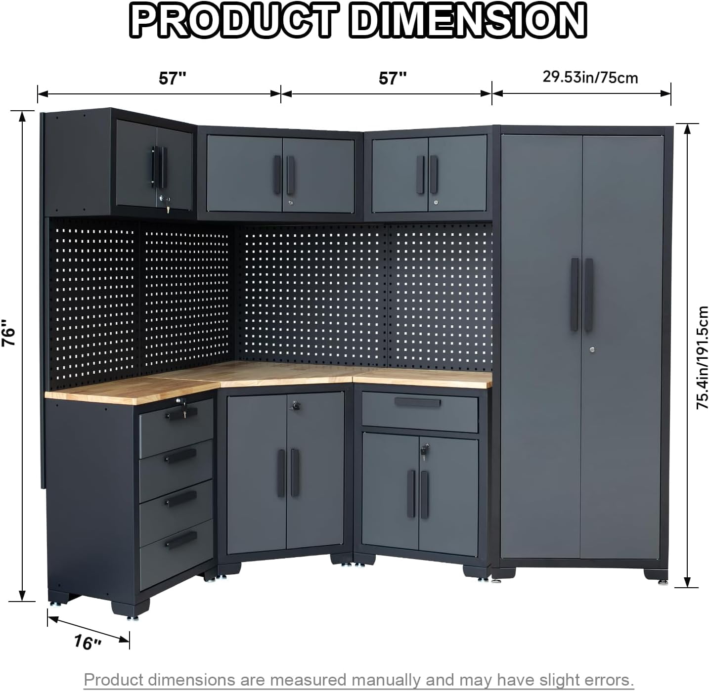 16PCS Garage Storage Cabinet System - Heavy Duty Workshop Set w/Corner Cabinet Includes Workbench, Pegboard & Lockable Drawers | Metal Tool Organization System for Garage/Workshop