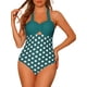 thumbnail image 1 of Monokini de cuello halter con lunares para mujer, traje de baño de una pieza con control de abdomen y corte de cuerda, color verde oscuro medio, 1 of 5