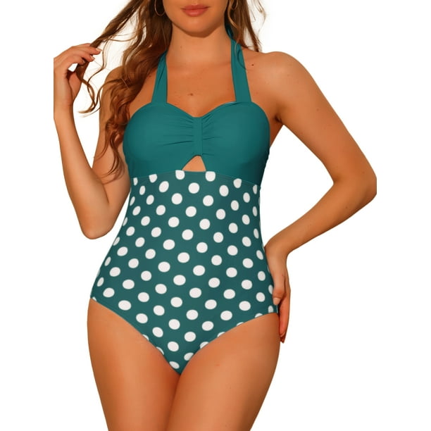 Monokini de cuello halter con lunares para mujer, traje de baño de una pieza con control de abdomen y corte de cuerda, color verde oscuro medio