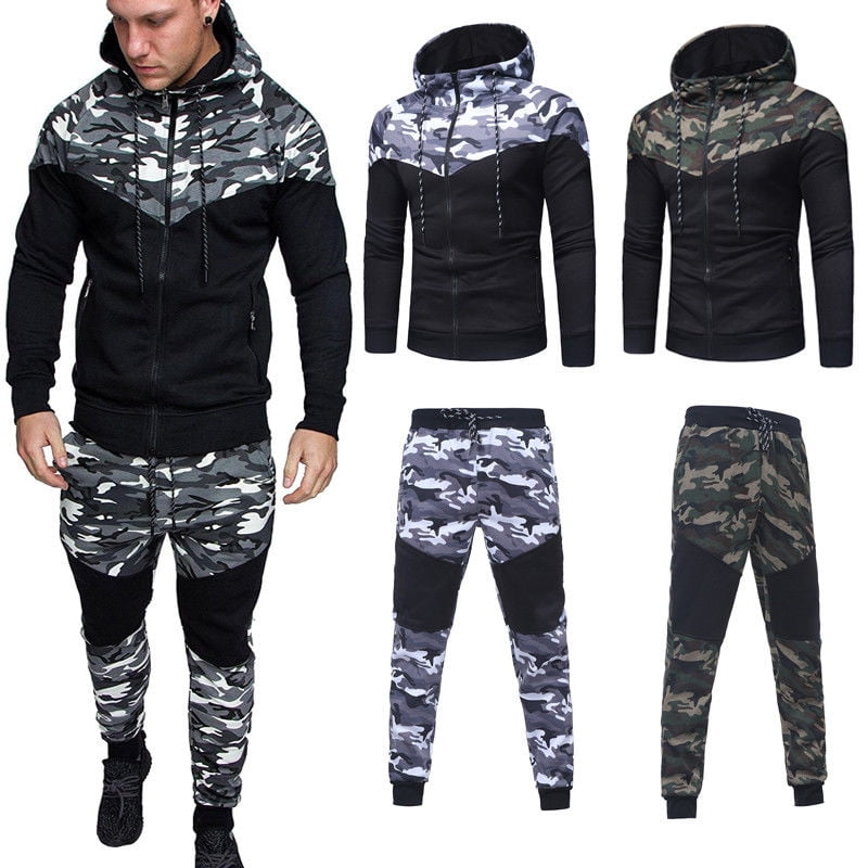 Men Camouflage Tracksuit Suit Long Sleeve Hoodie Jacket +