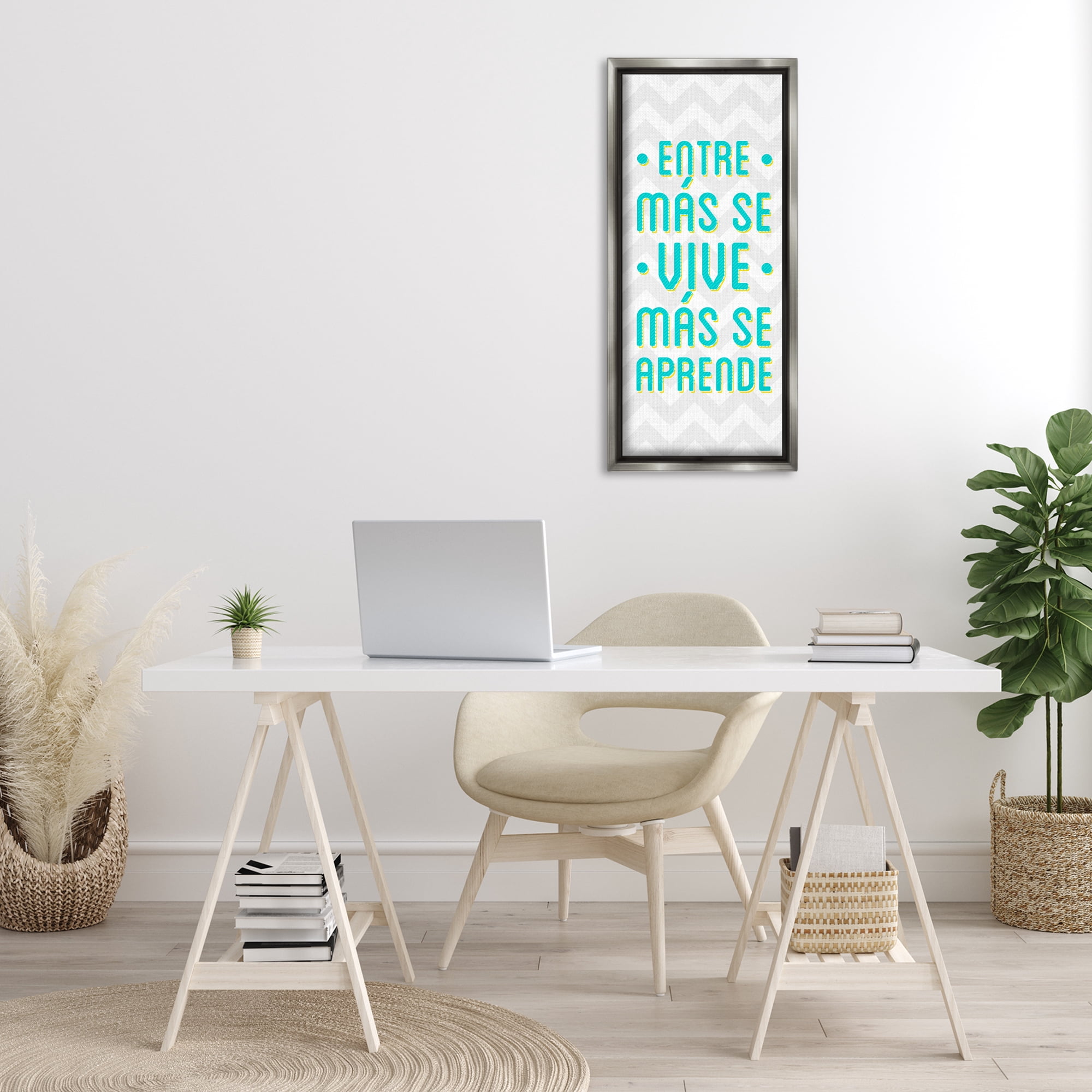 Stupell Industries Se Vive Se Aprende Inspirational Quotes & Sayings Painting Gray Floater Framed Art Print Wall Art, 14 x 31