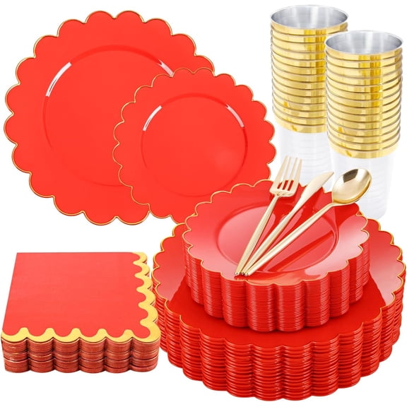 LIYH 210 Pcs Red Plastic Scalloped Plates with Gold Edge, Plastic Disposable Christmas Dinnerware Set, Christmas Plates Include Dinner & Dessert Plate Silverware Cups for Party 30 Guests