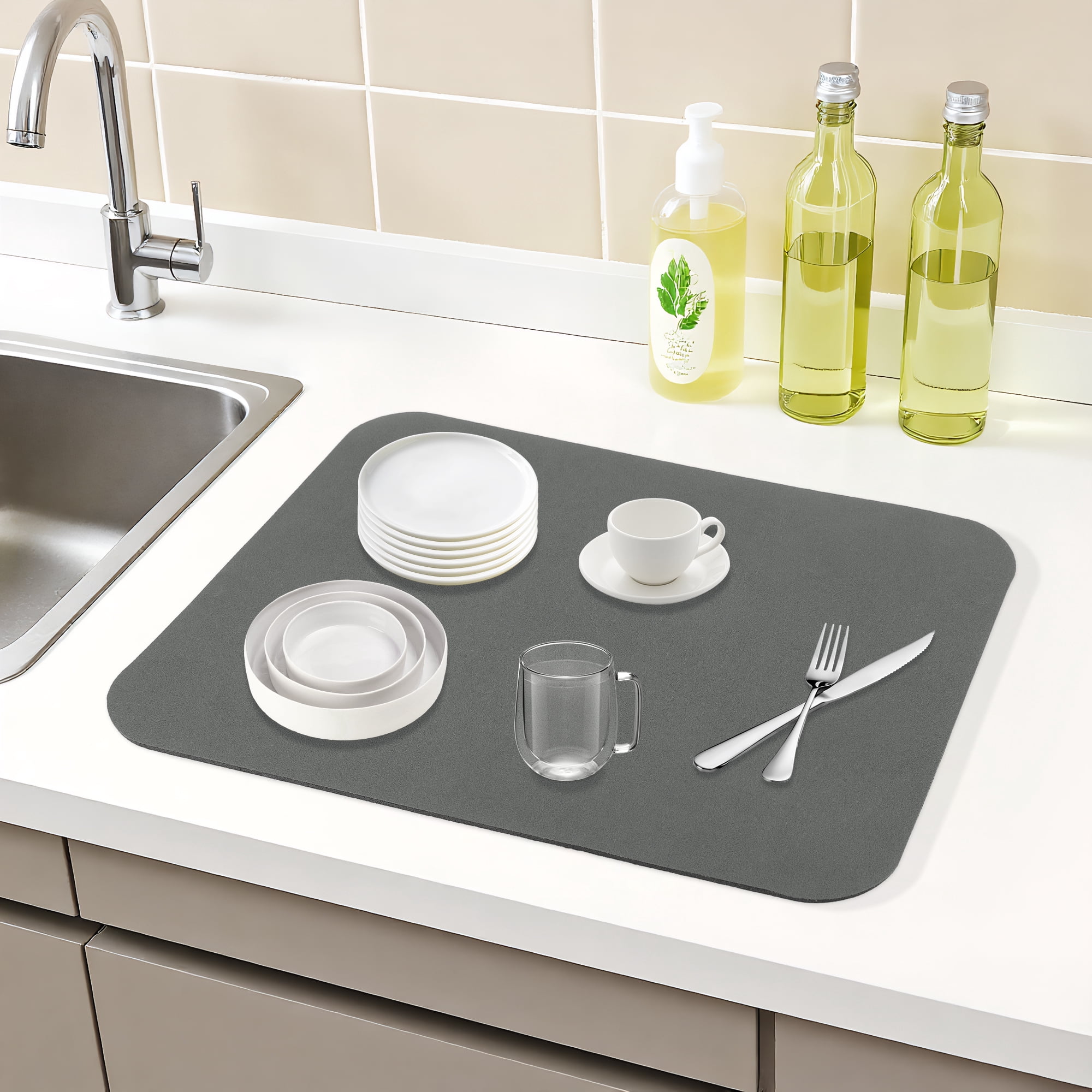 Unique Bargains Diatomaceous Stone Dish Countertop Drying Mat Black 15.7*11.8 inch