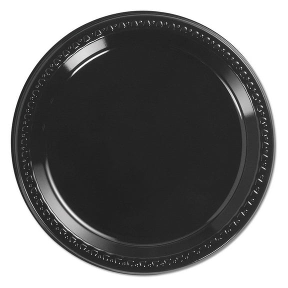 Gexandy Heavyweight Plastic Plates, 9" Diamter, Black, 125/Pack, 4 Packs/CT