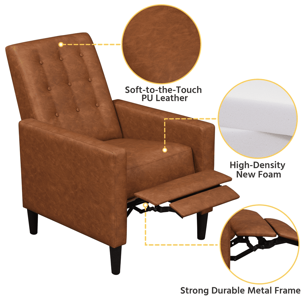 Alden Design Modern Tufted Faux Leather Recliner with Footrest for Living Room, Brown