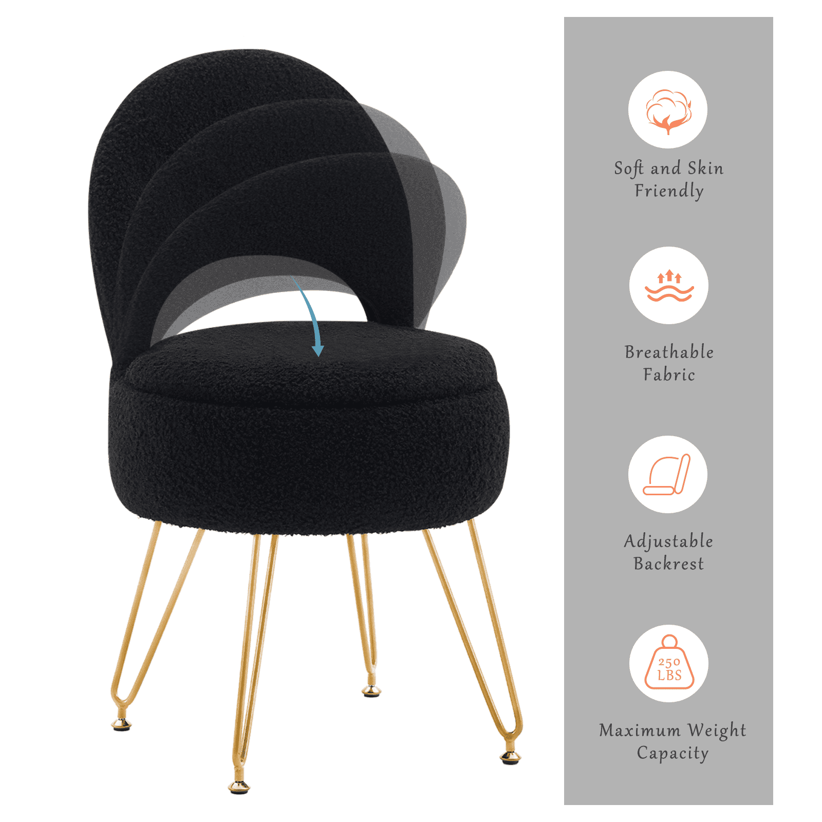 Casa Pura Furniture Modern Teddy Velvet Storage Ottoman Folding Back Vanity Stool Round Black