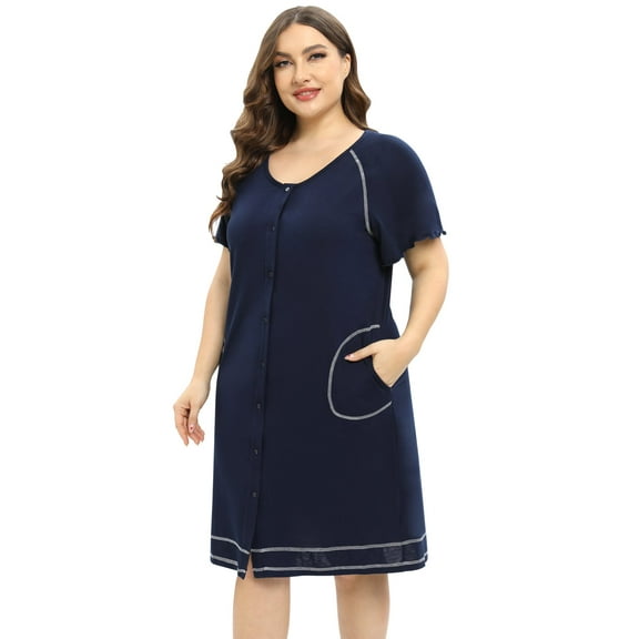 EFINNY Women's Plus Size Comfy Cotton Nightgowns Short Sleeve Button Down Nightdress with Pockets Round Neck Nightshirt Loose Home Wear
