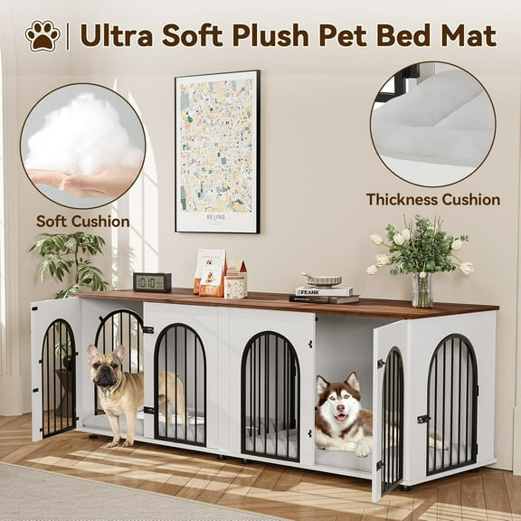 Aoile 71" Double Dog Crate Furniture with Divider, Large Dog Kennel TV Stand with 4 Doors, Wooden Dog Crate Table for 2 Dogs