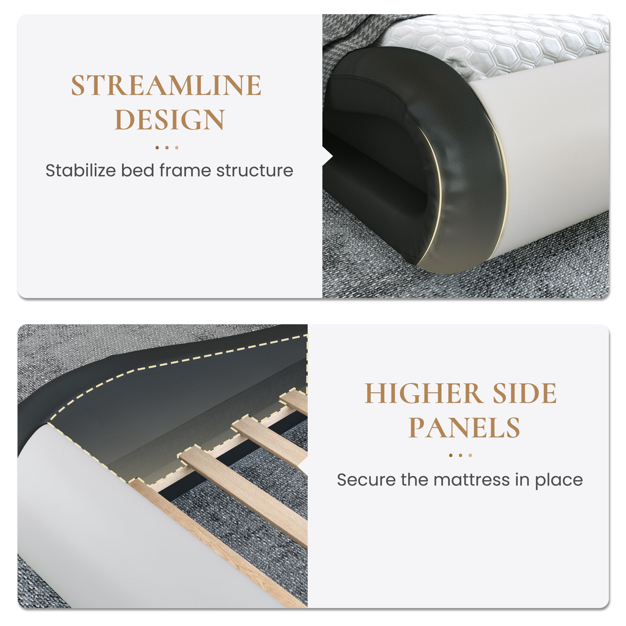 Sha Cerlin Full Size Wave-Like Curve PU Leather Platform Bed Frame with Adjustable Headboard and LED Lights, White+Black