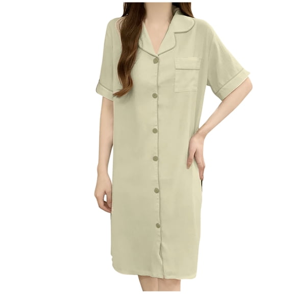 Hduncf Women's Nightgowns Short Sleeve Sleep Shirts Nightshirt Soft Comfort Lapel Button Down Pajama Sleepwear Green XL