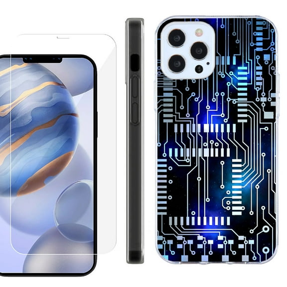 Slim Fit Protective Phone Case for Apple iPhone 12 / iPhone 12 Pro, with Tempered Glass Screen Protector, by OneToughShield ® - Cosmos Circuit