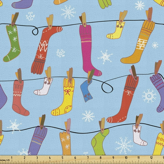 Winter Upholstery Fabric by the Yard, Christmas Theme of Ornamental Socks Hung on a Rope Merry Vibes, Decorative Fabric for DIY and Home Accents, Pale Sky Blue Multicolor by Ambesonne