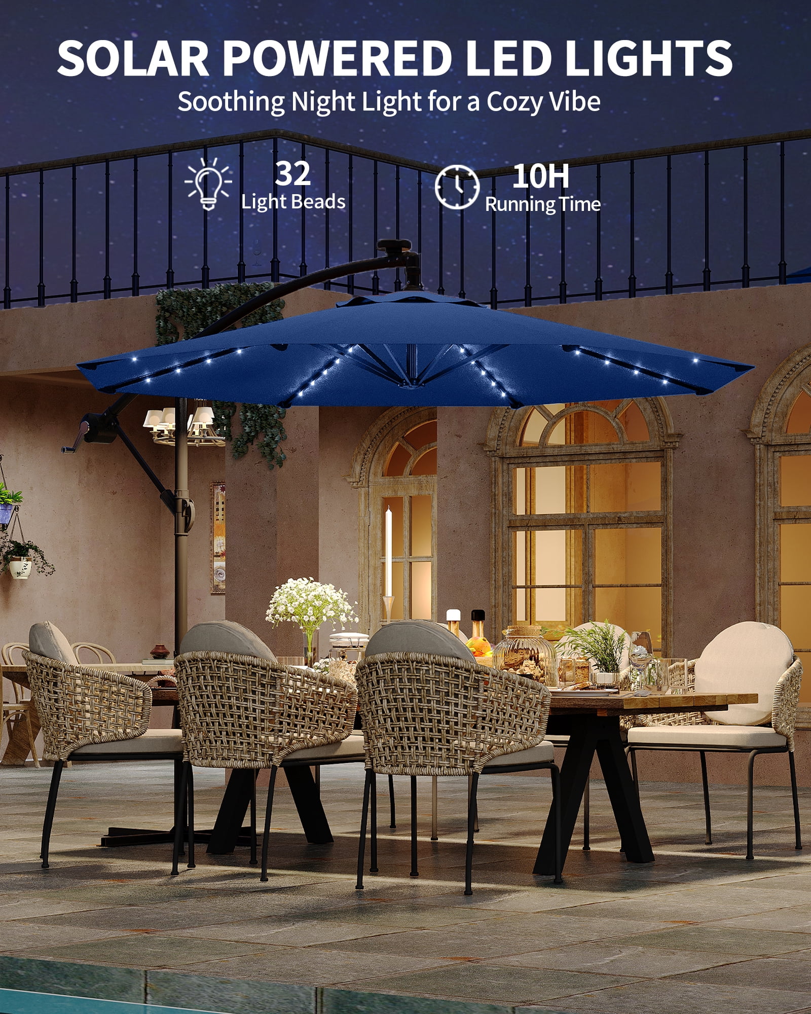 10ft Solar LED Offset Hanging Market Patio Umbrella for Backyard, Poolside, Lawn and Garden w/Easy Tilt Adjustment, UV Protection, Sturdy 8 Ribs - with 32 LED Lights