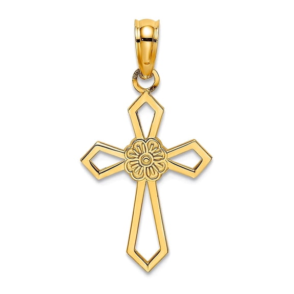 12mm 14k Gold Religious Faith Cross With Flower Center Cut-out and Flat Pendant Necklace for Women