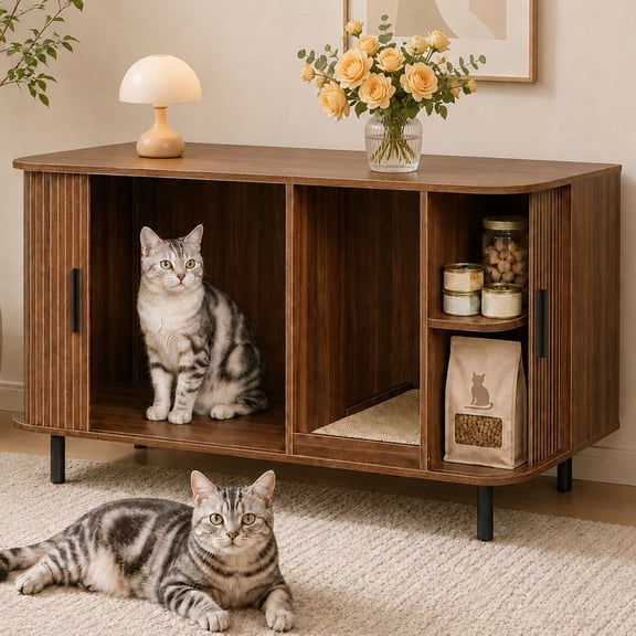 Multi-Functional Hidden Cat Litter Box Enclosure Furniture, Akaber Cat Washroom with Cat Scratch Pad, Tambour Sliding Door, Indoor Cat House for Living Room, Walnut