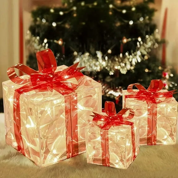 [Christmas Gift Boxes] Set of 3 Christmas Lighted Gift Boxes, Transparent Warm White Lighted Decrations Box, Presents Boxs with Red Bows for Christams Home, Tree, Yard, Decorations outdoor