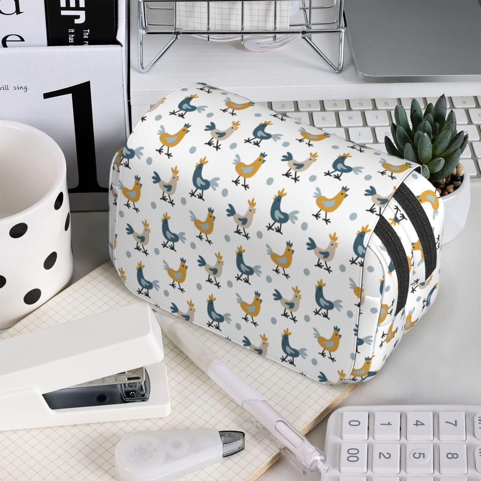 Rateoe Farm Roosters Pattern Double Clamshell Pen Case, Storage Organizer with Two Zipper Compartments– Holds Up to 50 Pencils & Pens