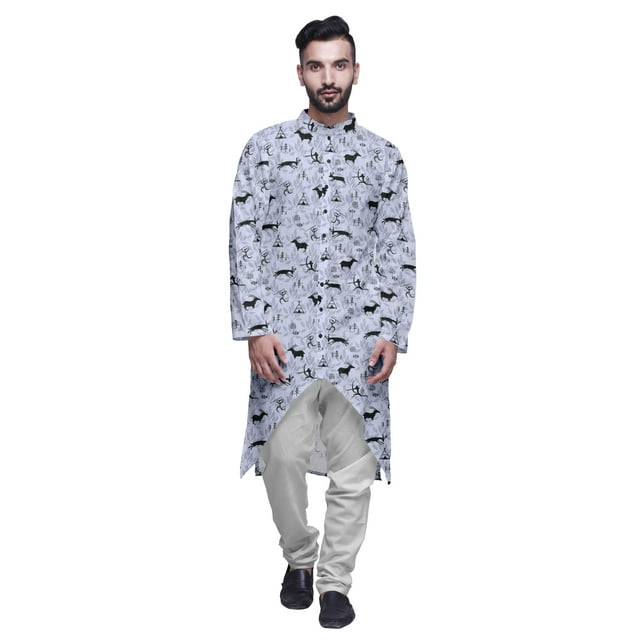 Atasi Kurta Asymétrique à Boutons pour Hommes Chemise Imprimée Mandarin à Manches Longues