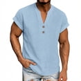 thumbnail image 2 of Hesxuno Mens Solid Henley Shirts Button Up V Neck Short Sleeve Shirts Casual Loose Blouse Tees Summer Beach Vacation Shirt Blue S, 2 of 5