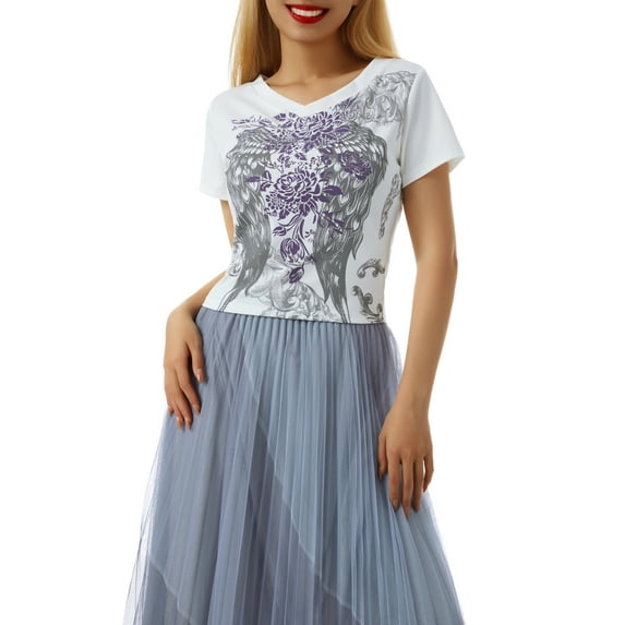 Franhais Female Tops, Floral Print Round Neck Short Sleeve Close-Fitting T-Shirt Casual Blouse for Summer, S/M/L/XL