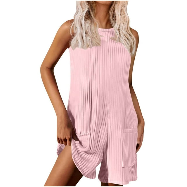 biudgviw Rompers for Women Summer Sleeveless Crew Neck Tank Top Ribbed Knit Casual Jumpsuits Loose Short Overalls with Pockets