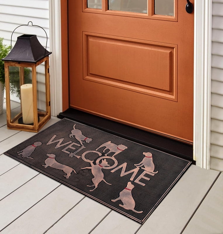 A1HC Rubber Pin Doormat Outdoor Entrance, Fun Designed Floor, Welcome Front Door Indoor Non-Slip Backing Mat for Outside, 18" X 30", Dogs Playing