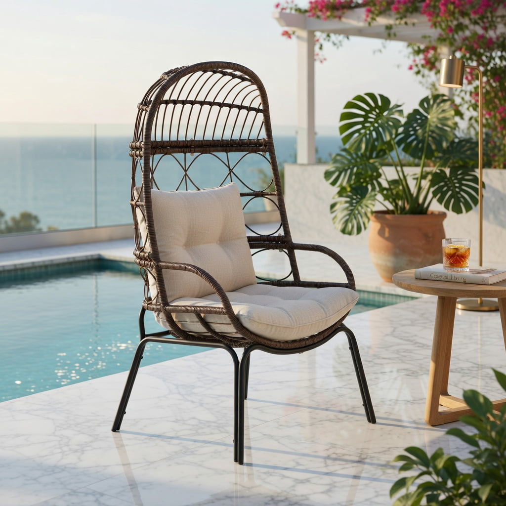Hommoo Outdoor Wicker Egg Chair with Beige Cushions, PE Rattan Lounge Basket Chair for Patio, Backyard & Poolside, Ergonomic Design, Brown