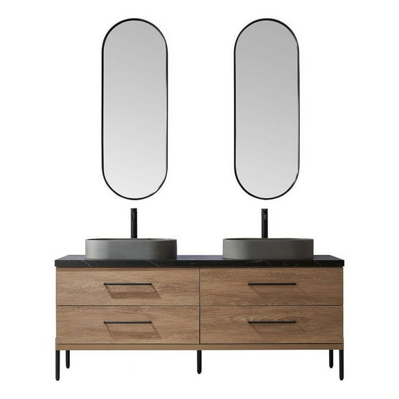 Trento 72" Double Concrete Sink Bath Vanity in North American Oak with Mirror