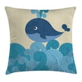 thumbnail image 1 of Whale Decor Throw Pillow Cushion Cover, Cartoon Smiley Cute Patterned Whale with Ornamental Striped Waves Image, Decorative Square Accent Pillow Case, 18 X 18 Inches, Blue and Dark Blue, by Ambesonne, 1 of 2