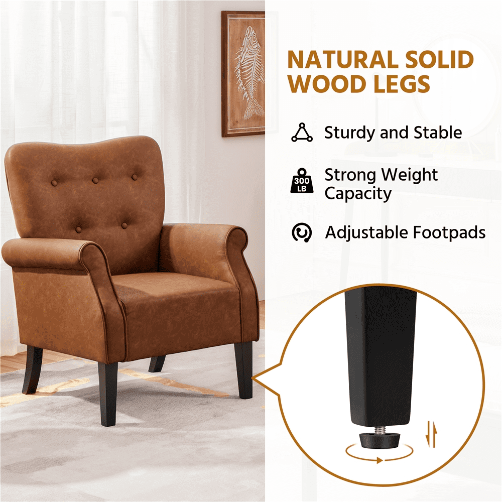 Alden Design Mid-century Faux Leather Accent Chair with Tufted High Back for Living Room, Retro Brown