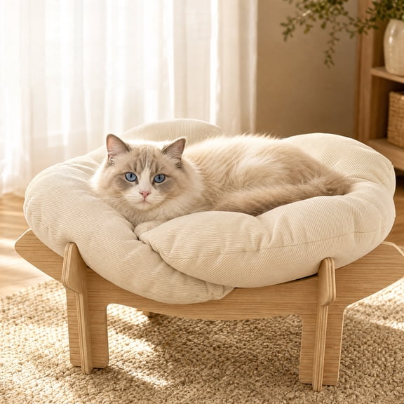 GARITIN Elevated Cat Bed, Raised Wooden Pet Lounge Sofa with Soft Plush Cushion for Indoor Cats