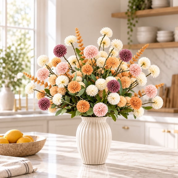 Miracliy 19-Stems Artificial Marigold and Eucalyptus Mixed Autumn Fake Flowers, Multi-Color Faux Floral Bouquet for Home Table Vase Decor